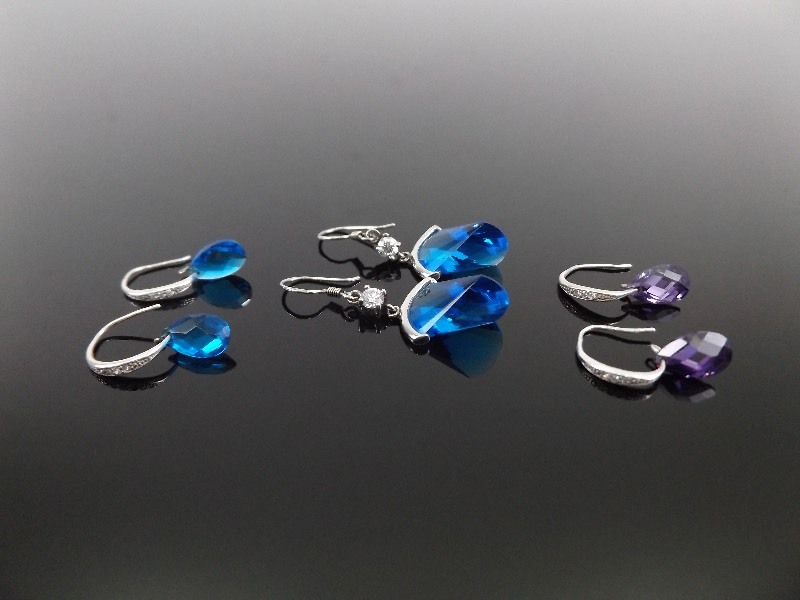 3 - .925 Sterling Silver Faceted Blue and Purple Crystal Earrings