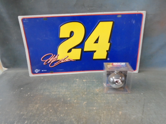 lot 31 image: Metal Nascar Sign and Holiday Ornament