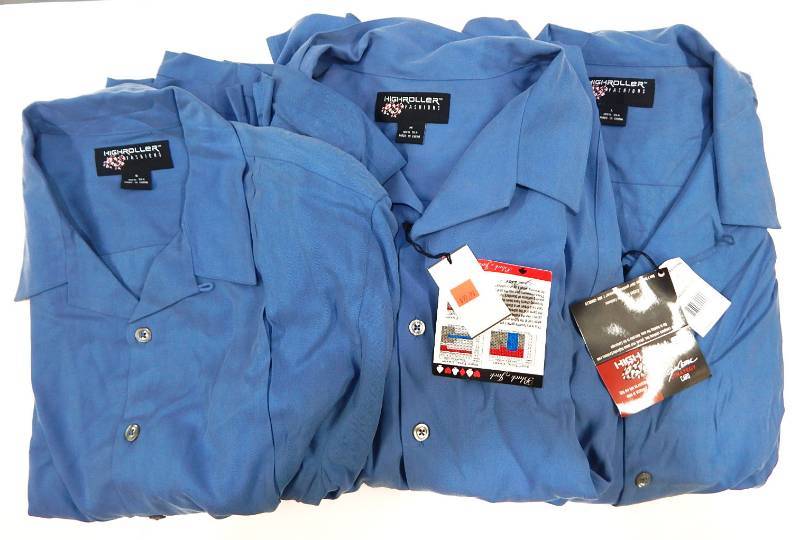 lot 22 image: Lot of 3 High Roller Fashions Blue Havana Guayabera Style Mens Silk Shirts
