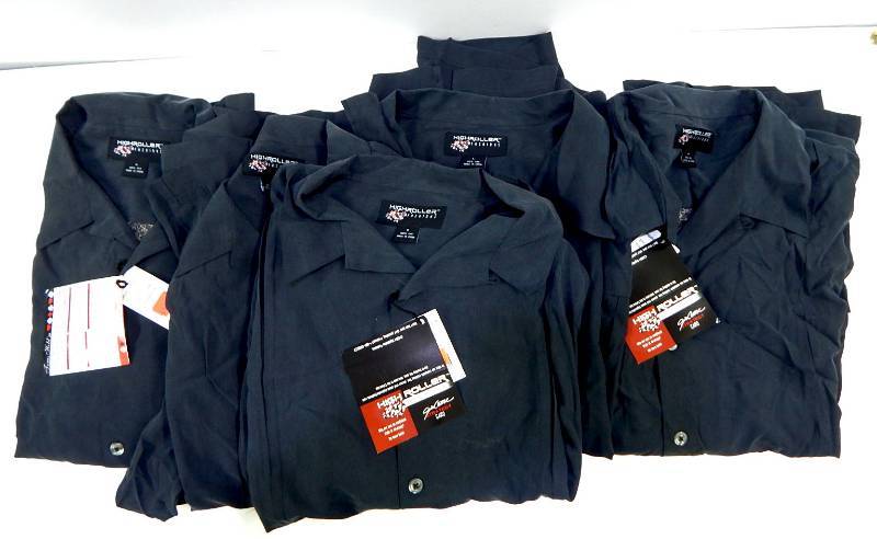 lot 23 image: Lot of 5 High Roller Fashions Charcoal Havana Guayabera Style Mens Silk Shirts