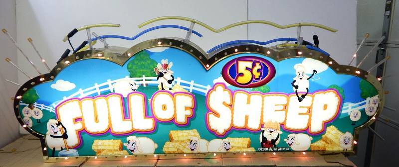lot 2 image: Full of Sheep Two Sided Nickel Slot Machine Bank Sign