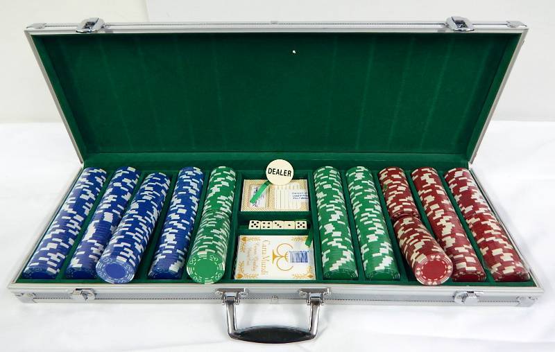 lot 38 image: 300 Chip Aluminum Poker Chip Case with Playing Cards and Dice