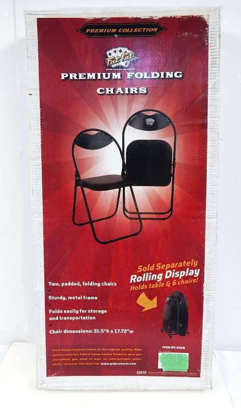 lot 41 image: New Box of Two FatCat Home Casino Products Padded Folding Gambling Themed Chairs