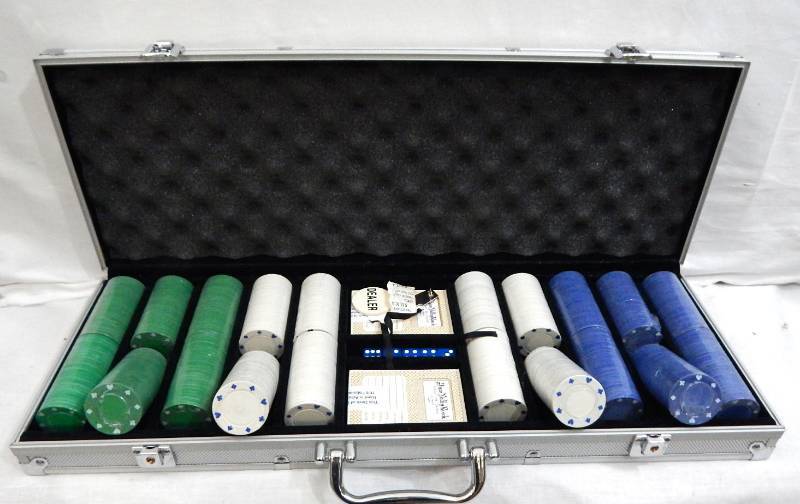 lot 58 image: 500 Chip Aluminum Poker Chip Case with Playing Cards and Dice