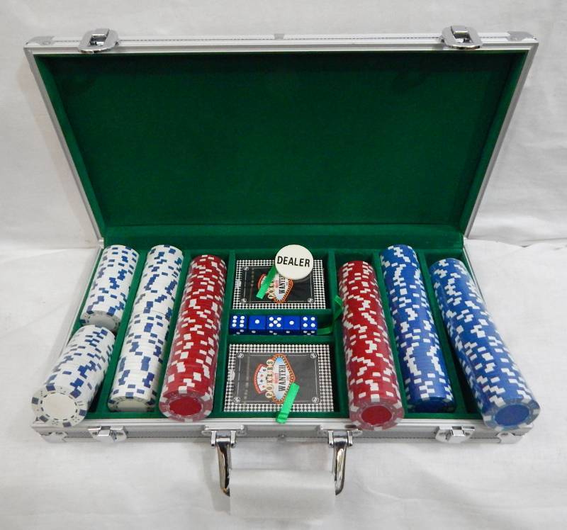 lot 59 image: 300 Chip Aluminum Poker Chip Case with Playing Cards and Dice