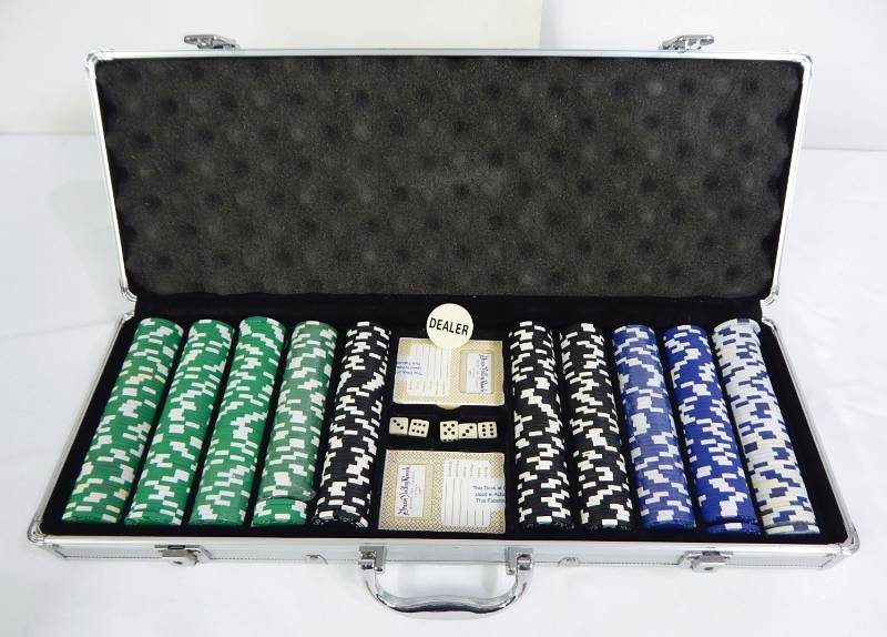 lot 68 image: 500 Chip Aluminum Poker Chip Case with Playing Cards and Dice