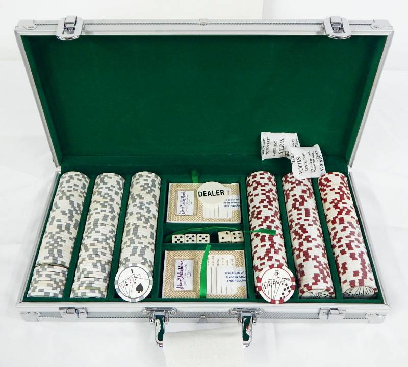 lot 69 image: 300 Chip Aluminum Poker Chip Case with Playing Cards and Dice