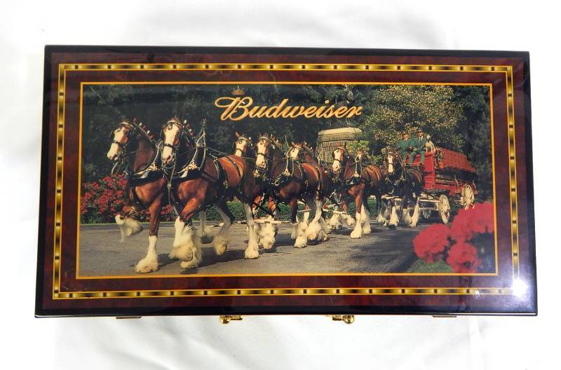 lot 84 image: Budweiser Clydesdales Chip Case with 300 Poker Chips, Playing Cards and Dice