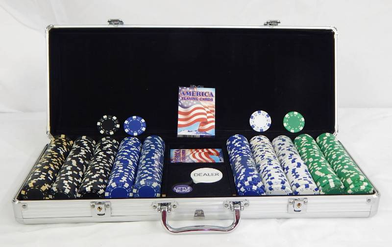 lot 87 image: 500 Chip Aluminum Poker Chip Case with Playing Cards and Dice