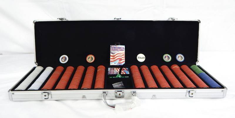 lot 117 image: 700 Chip Aluminum Poker Chip Case with Playing Cards, Dice and Joker Chips in 4 Denominations