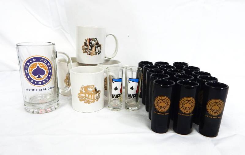 lot 128 image: Lot of World Poker Tour, World Poker Store and Lottery Shot Glasses and Mugs