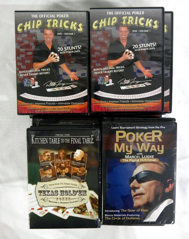 lot 133 image: Lot of 34 New Poker Strategy and Poker Chip Tricks DVDs