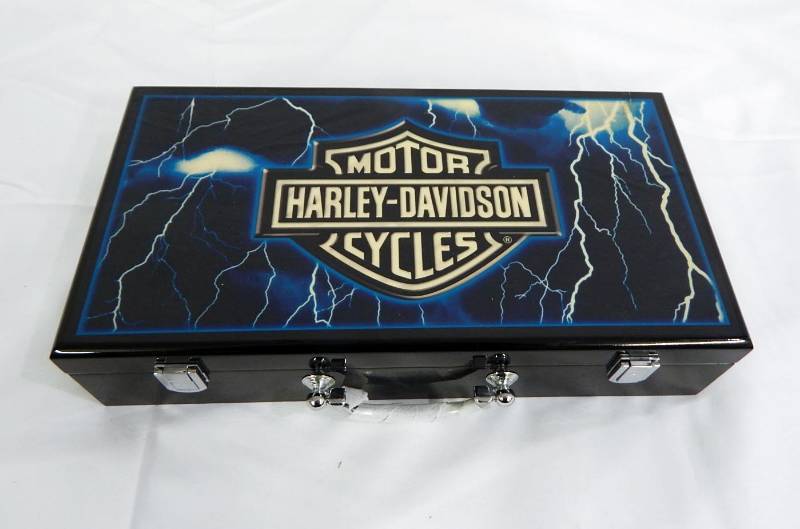 lot 161 image: Harley Davidson Chip Case with 300 Multi-Denomination Chips, Playing Cards and Dice