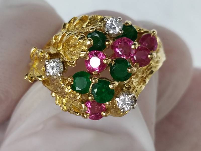 18k Custom Made Natural Diamond, Ruby, and Emerald Ring