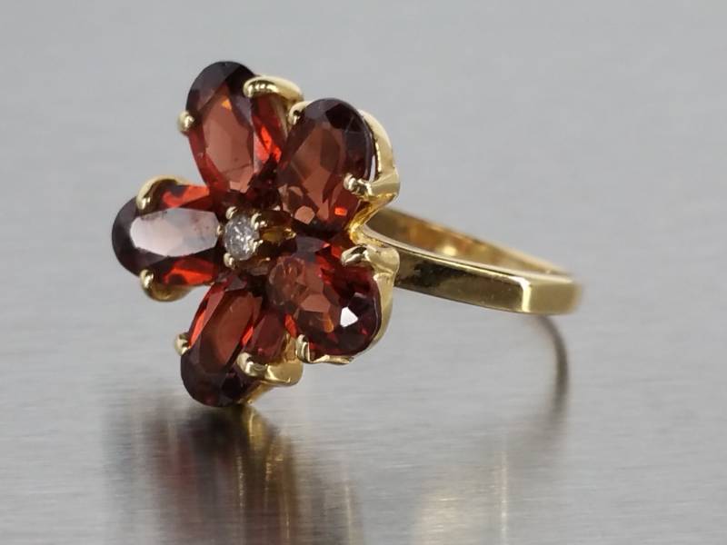 Suberb Garnet and Diamond Flower Ring in 14k Gold