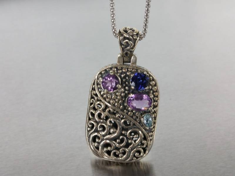 Designer Signed Amethyst and Aqua Necklace in Sterling Silver