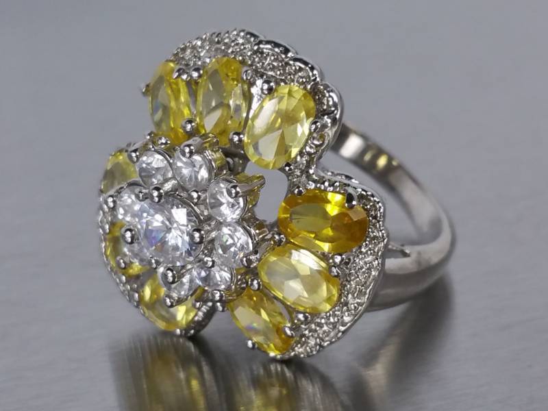 Large Citrine and White Stone Estate Ring in Sterling Silver