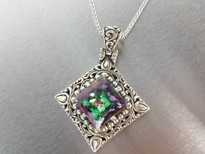 Designer Signed Mystic Topaz Estate 16 Necklace in Sterling Silver