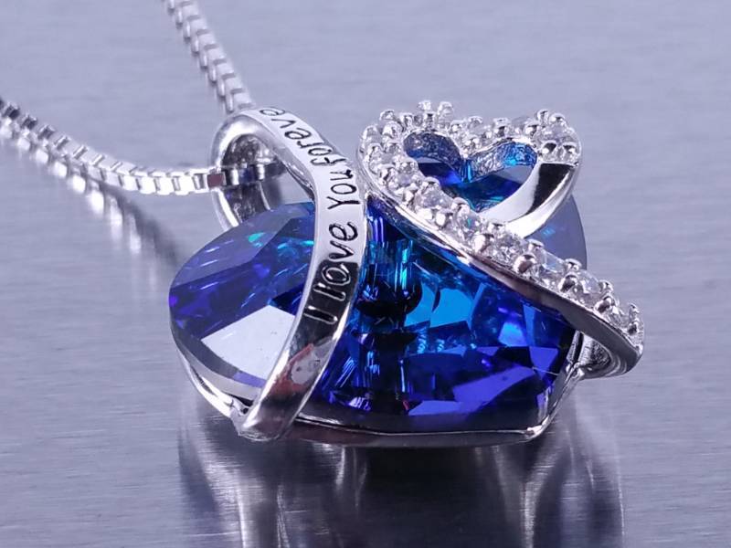 Blue Burst I love you forever Heart Necklace in Sterling Silver
