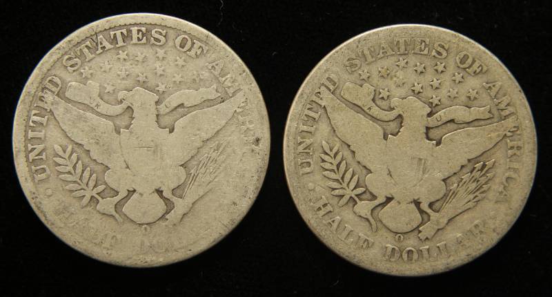 2 BARBER HALF DOLLARS 1900-O 1908-O