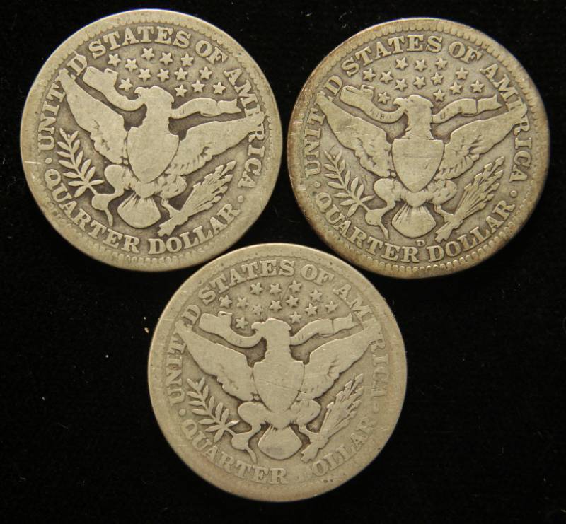 3 BARBER SILVER QUARTERS 1909 1909-D 1914