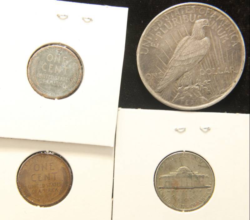 4 COINS 1922 PEACE SILVER DOLLAR 1918 1943S WHEATS  1948-D JEFFERSON NICKEL