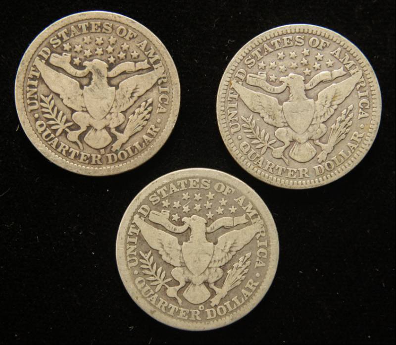 3 BARBER QUARTERS 1900-S 1901 1902-O