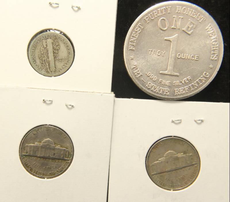 GROUP OF 4 COINS 1 OZ SILVER ROUND 1951 1964 5C 1944 MERCURY DIME