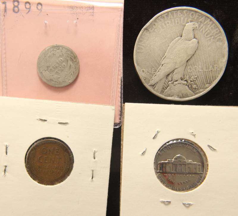 4 COINS 1935-S PEACE DOLLAR 1899 BARBER 10C 1969 PROOF 5C 1939-S WHEAT