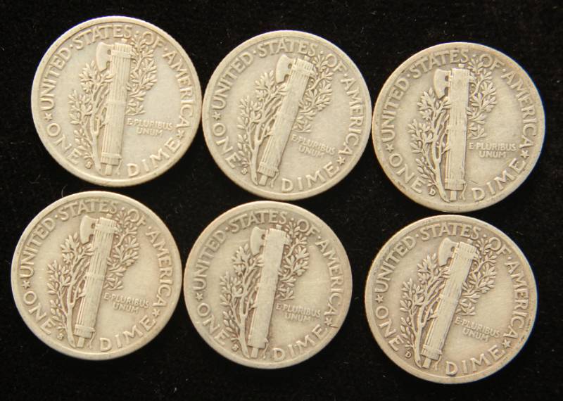 6 MERCURY DIMES FROM THE 1930S