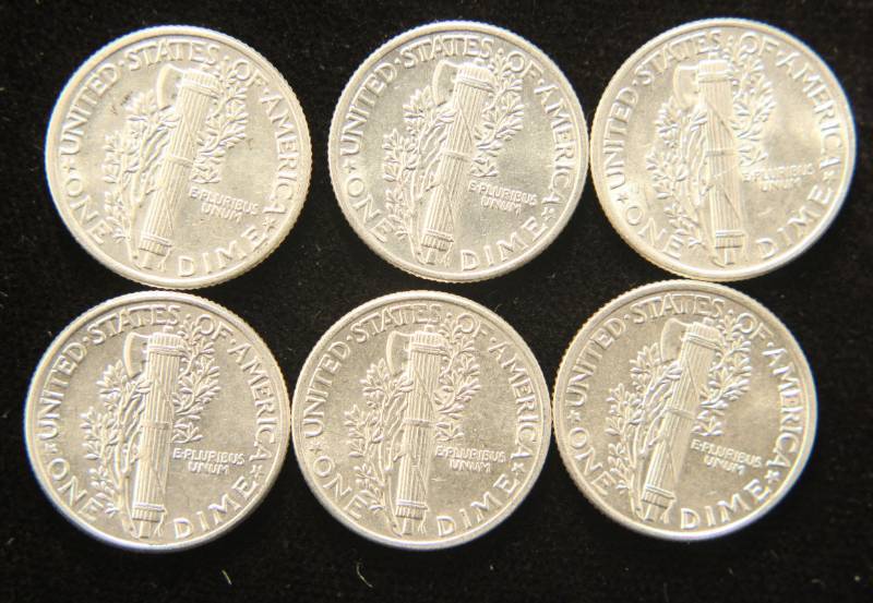 GROUP OF 6 BU-UNC MERCURY DIMES