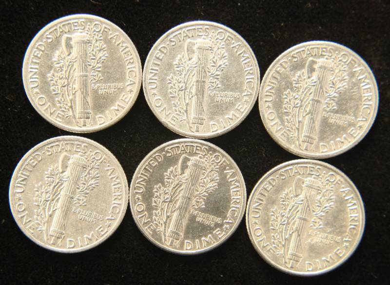 GROUP OF 6 AU-UNC MERCURY DIMES