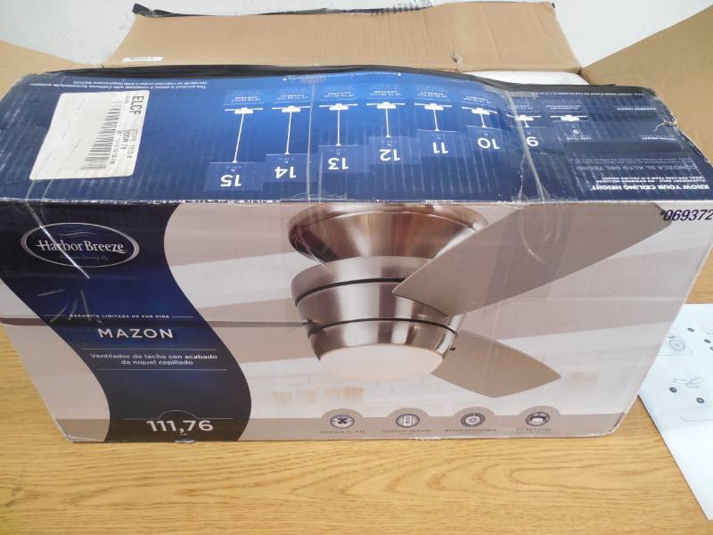 lot 98 image: Harbor Breeze Mazon 44-in Brushed Nickel Flush Mount Indoor Residential Ceiling Fan with Light Kit and Remote Control