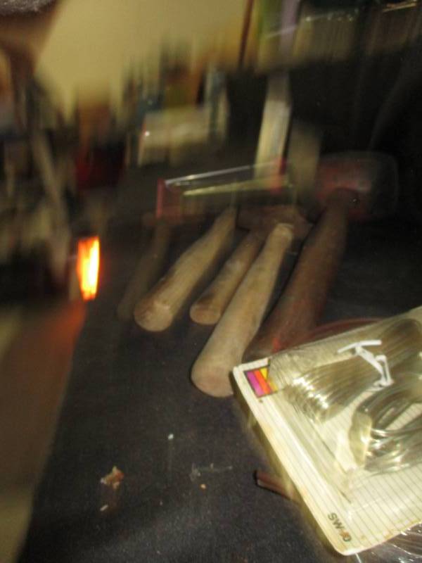 lot 12 image: Snap Knives, Paint Scrapers, hardware, jewelry, mouse sticky traps, cross, Tuv, vinyl fixer, hammers and more