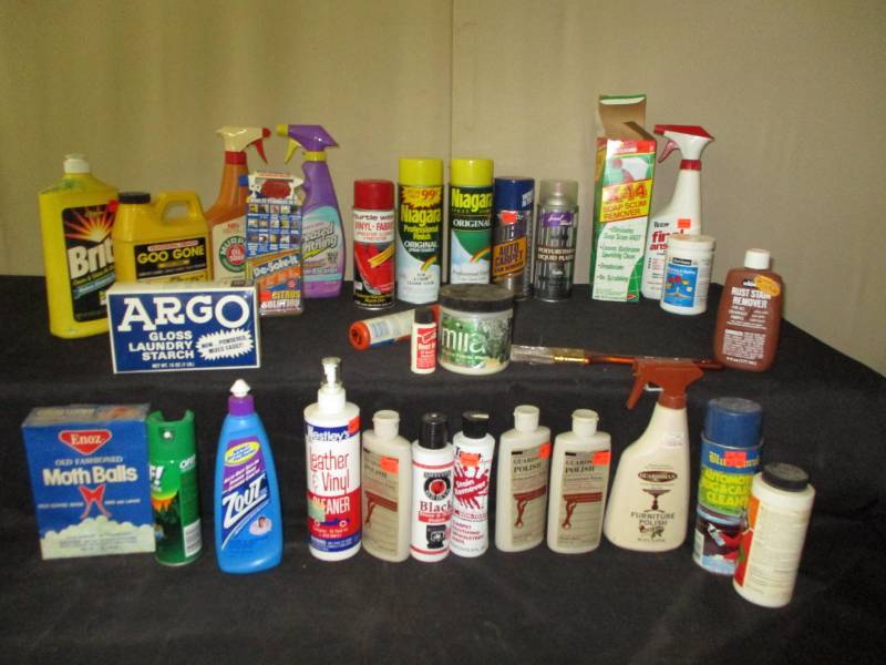 lot 13 image: Furniture polish, Starch, Vinyl polish, carpet cleaner, floor cleaner, and a lot more