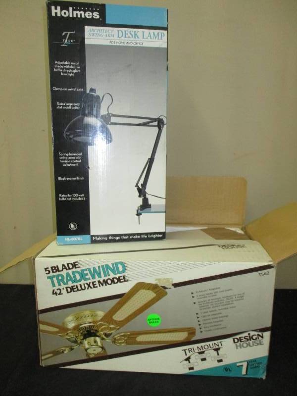 lot 18 image: Ceiling fan still in the box and a lamp still in the box