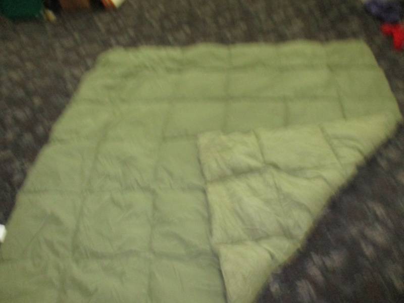 lot 44 image: Beautiful Olive Feathered Queen Comforter. Sueade like on one side