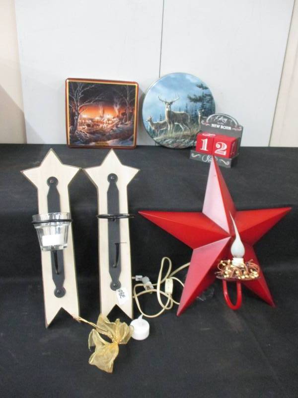 lot 56 image: Star Dcor, candle Holders, perpetual calendar and tins