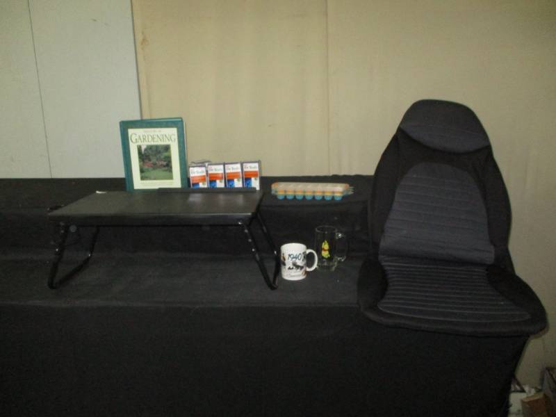 lot 59 image: small table, seat cushion, pain releif cream, ice trays