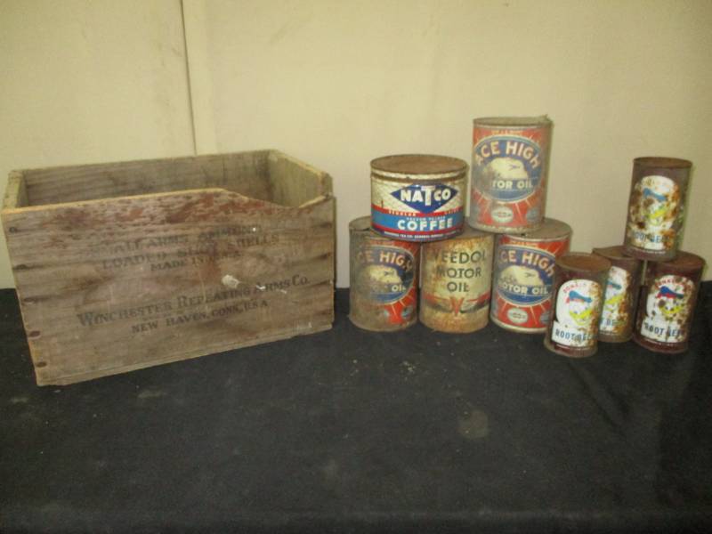 lot 65 image: Old cans, Old Winchester Amo Box