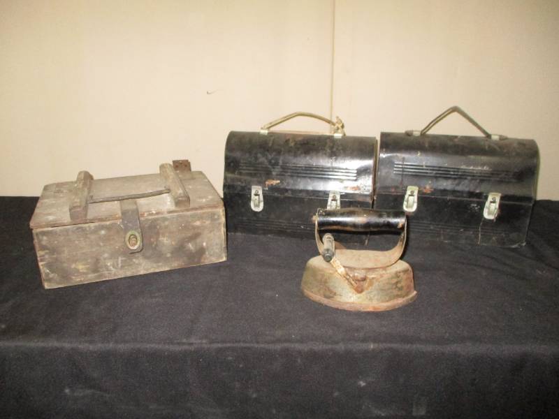lot 72 image: 2 metal lunch box, old wooden box and antique iron