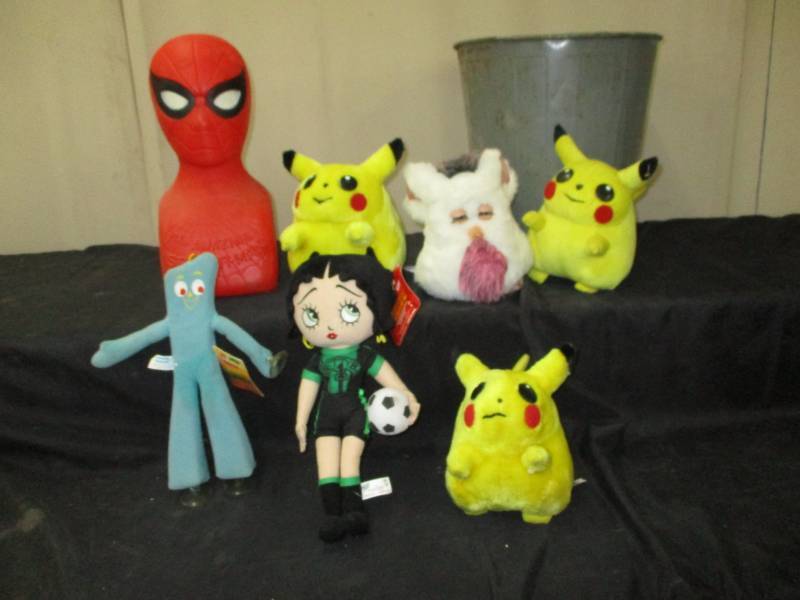 lot 77 image: Variety of stuffed animals, spiderman head, pokemon, furby.