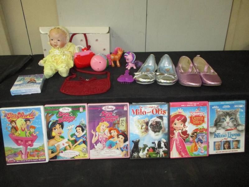 lot 99 image: My little ponys, ashton drake porcleain doll, frozen cards, princess shoes