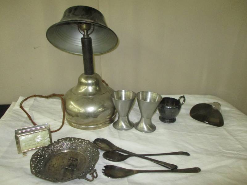 lot 196 image: lamp and metal pieces, serving pieces and more