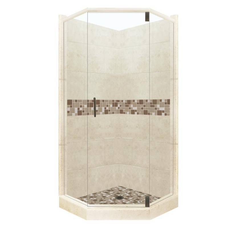 lot 33 image: American Bath Factory Tuscany Grand Hinged 32 in. x 36 in. x 80 in. Left-Cut Neo-Angle Shower Kit in Desert Sand and Old Bronze Hardware, NGH-3632DT-LC-OB