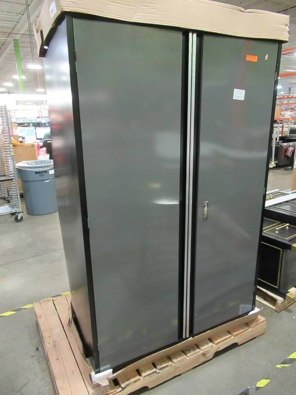 lot 10 image: Husky 72 in. H x 46 in. W x 24 in. D Welded Steel Floor Cabinet in BlackGray, KF3F462472-H9. - Dented Bottom.