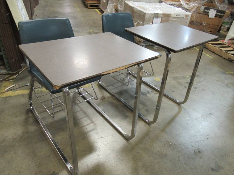 lot 83 image: 2 School Desks With Aluminum Frame And Wire Book Basket.
