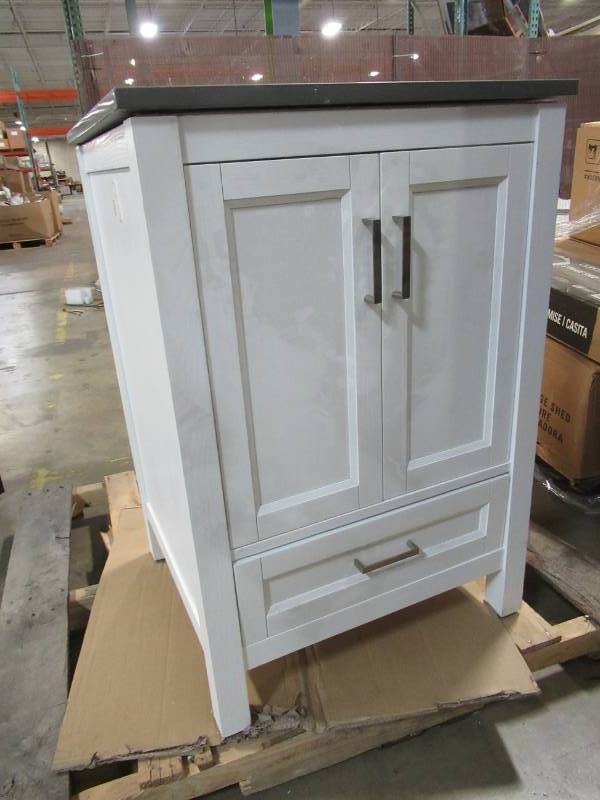lot 88 image: White 24 Vanity with Gray Stone Top - USED with Damaged Shelf.