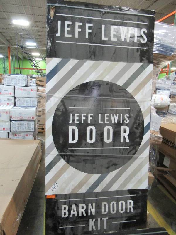 lot 46 image: Jeff Lewis 36 in. x 84 in. Gray Geese Composite K-Bar Solid-Core MDF Barn Door with Sliding Door Hardware Kit, 65693