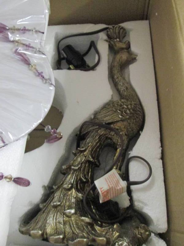 lot 132 image: Beaded Shade Peacock Lamp open box ...